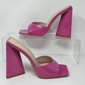 Pretty Little Things Hot Pink Triangle Heels Patent Faux Leather Mules Slides 6